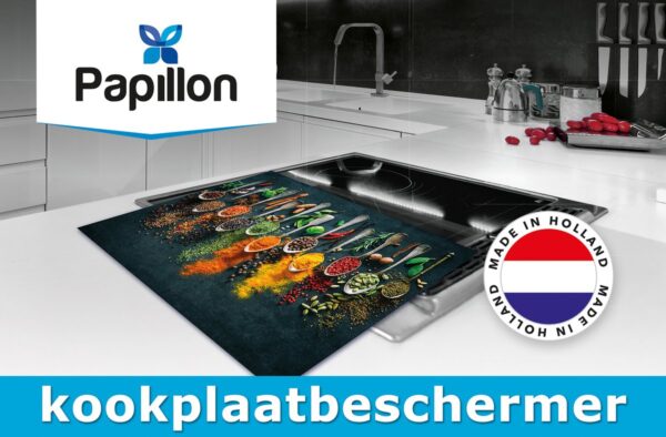 Papillon kookplaatbeschermer met kruidenafbeelding, made in Holland.