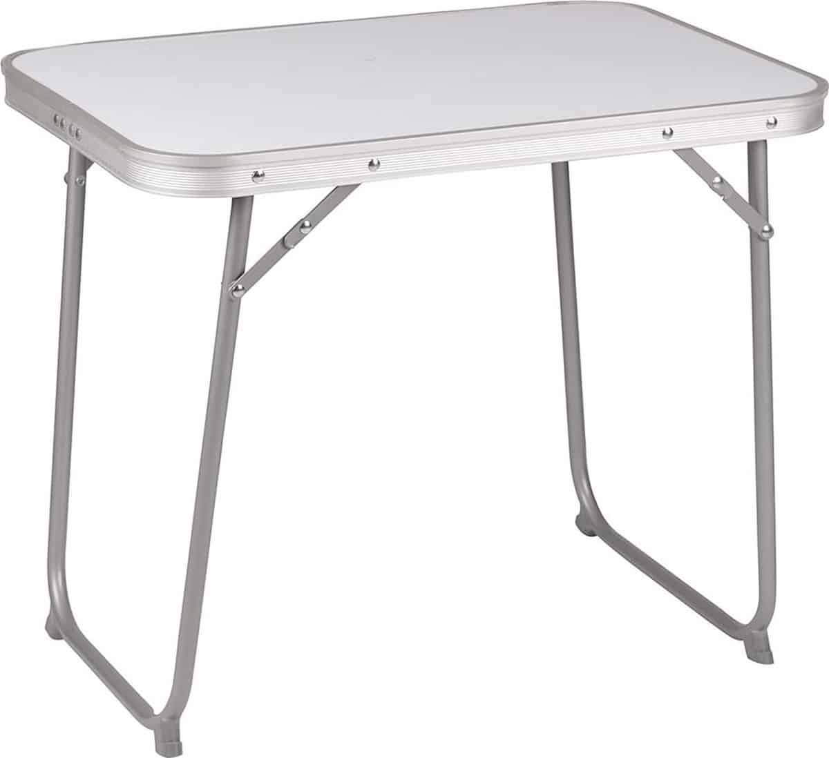 Opvouwbare campingtafel met metalen frame.