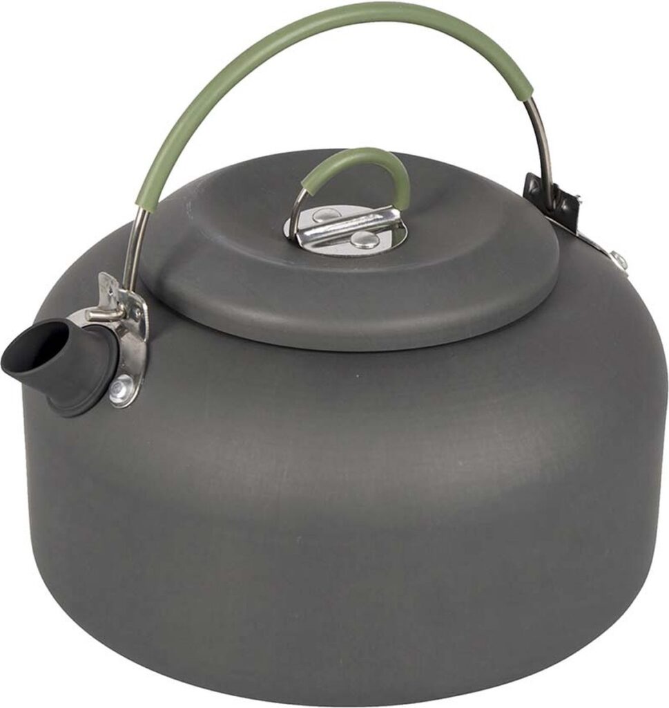 Gray camping kettle with a green handle