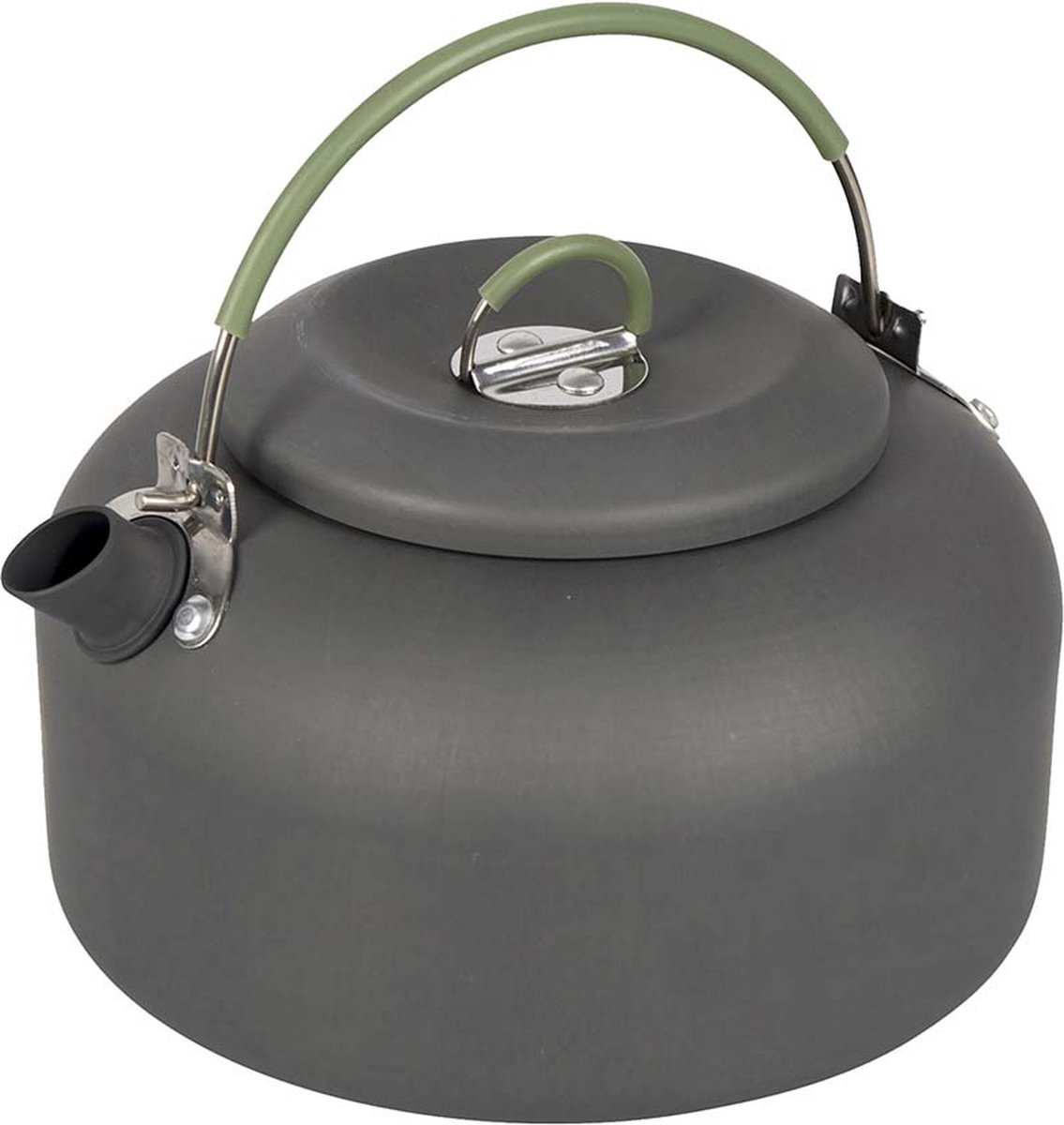 Grijze camping waterkoker met groene handgreep