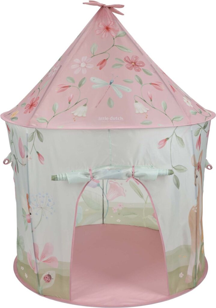 Roze speeltent met bloemen en dieren print