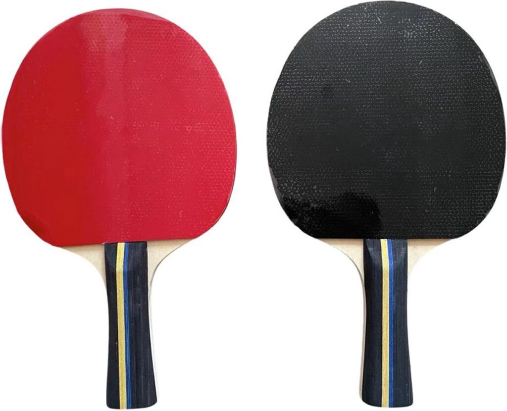 Two table tennis paddles with red and black rubber
