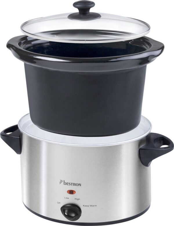 Bestron slowcooker met glazen deksel, zilver en zwart.