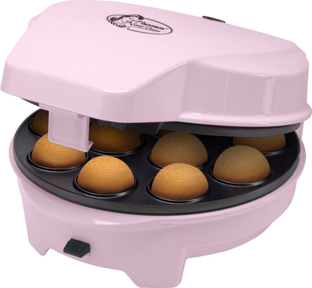 Roze cakepopmaker met acht muffins binnenin.