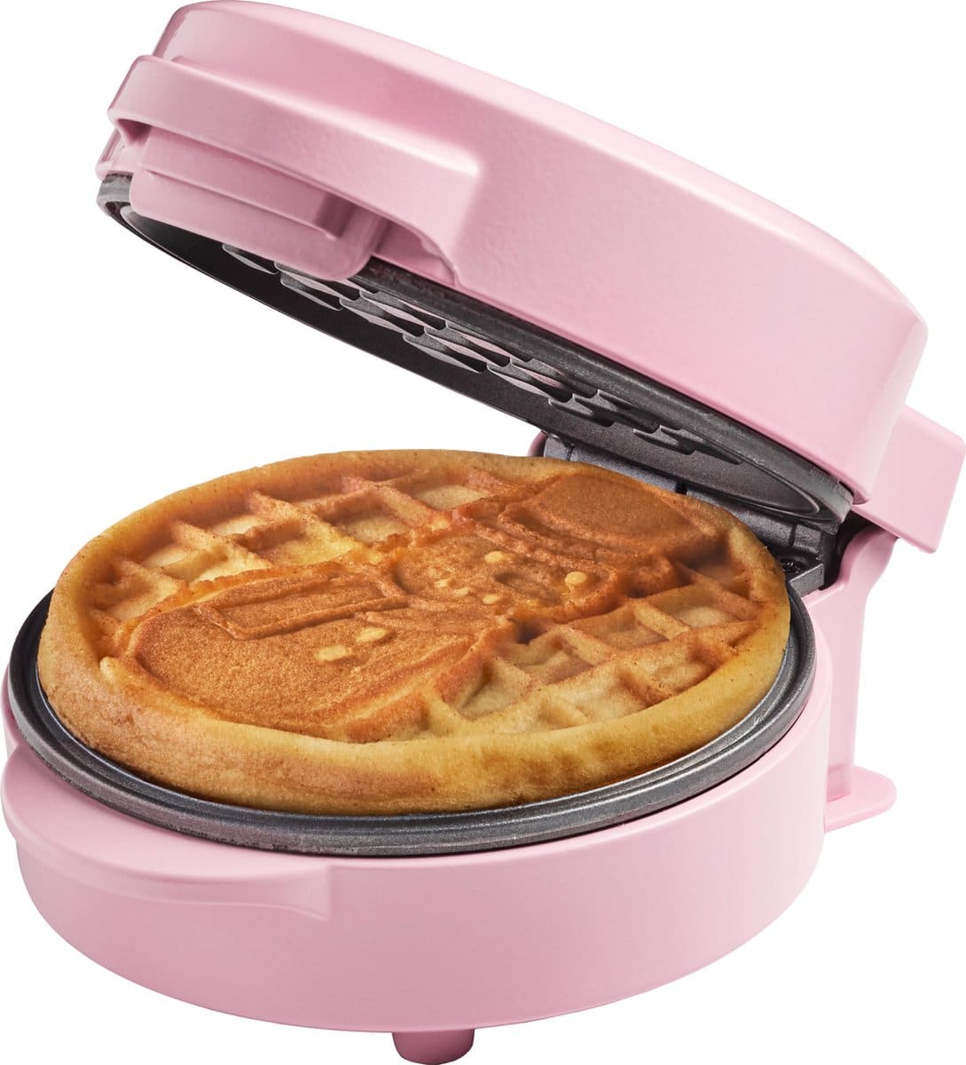 Roze wafelijzer met ronde wafel binnenin.