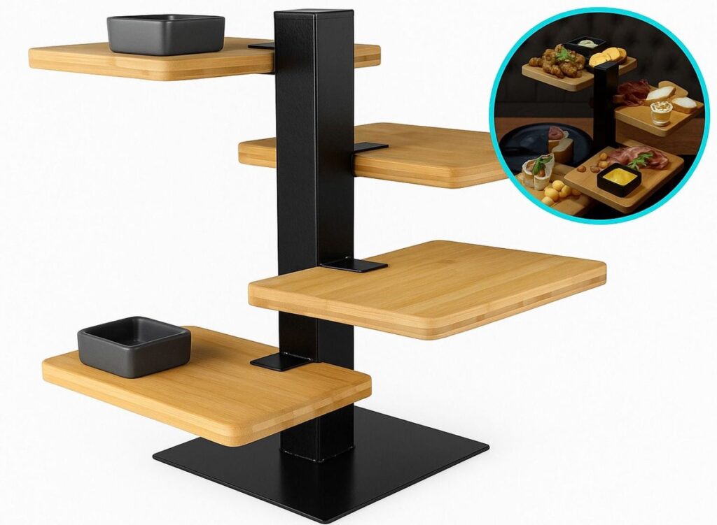 Meerdere houten plateaus met eten