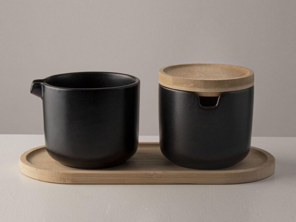 Zwarte keramische potten op houten dienblad.