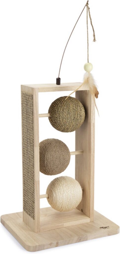Wooden cat toys with sisal balls and a feather
