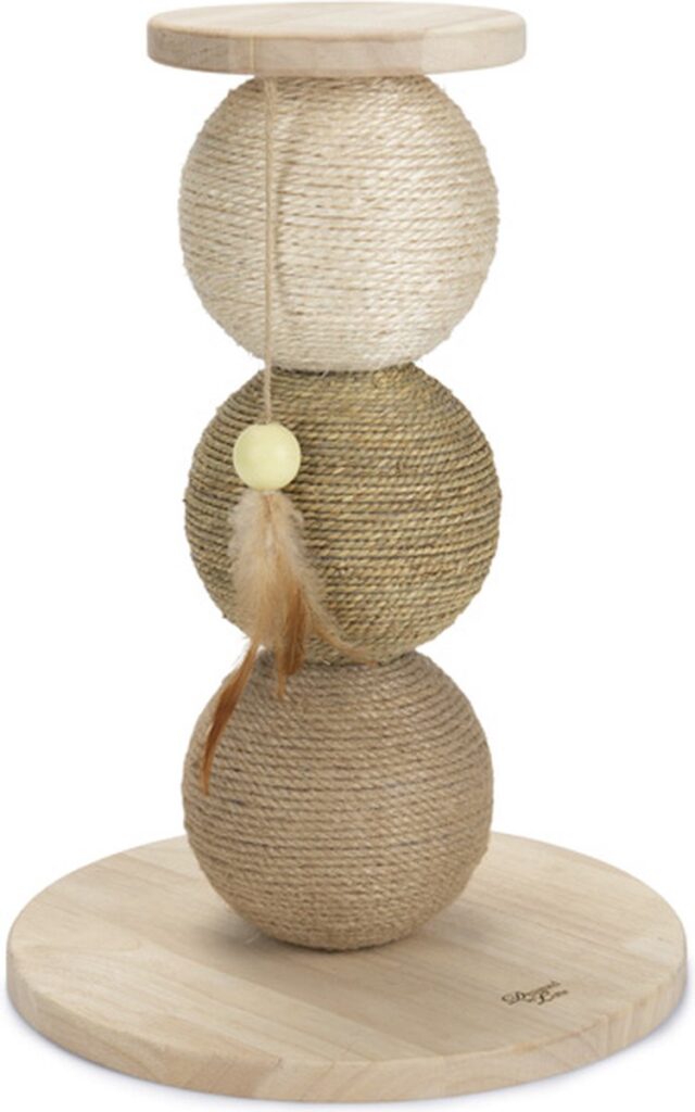 Kattenkrabpaal met speelbal en veer.