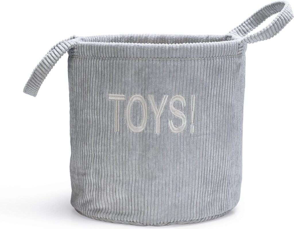 Grijze speelgoedmand met handvatten en opdruk 'TOYS'.
