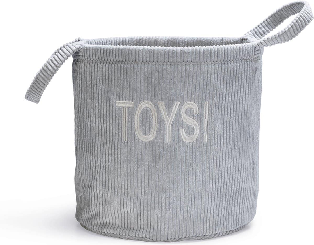 Grijze speelgoedmand met handvatten en opdruk 'TOYS'.