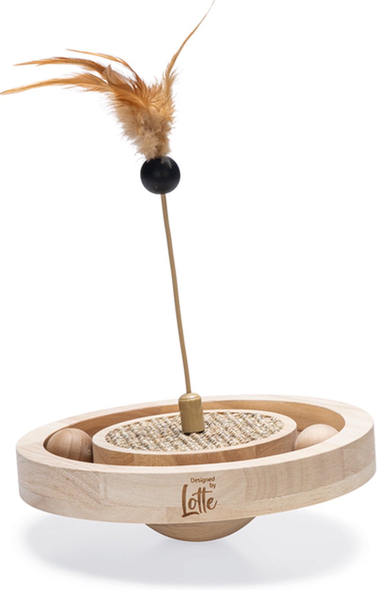 Katten speeltje met krabplank en veer op stok.