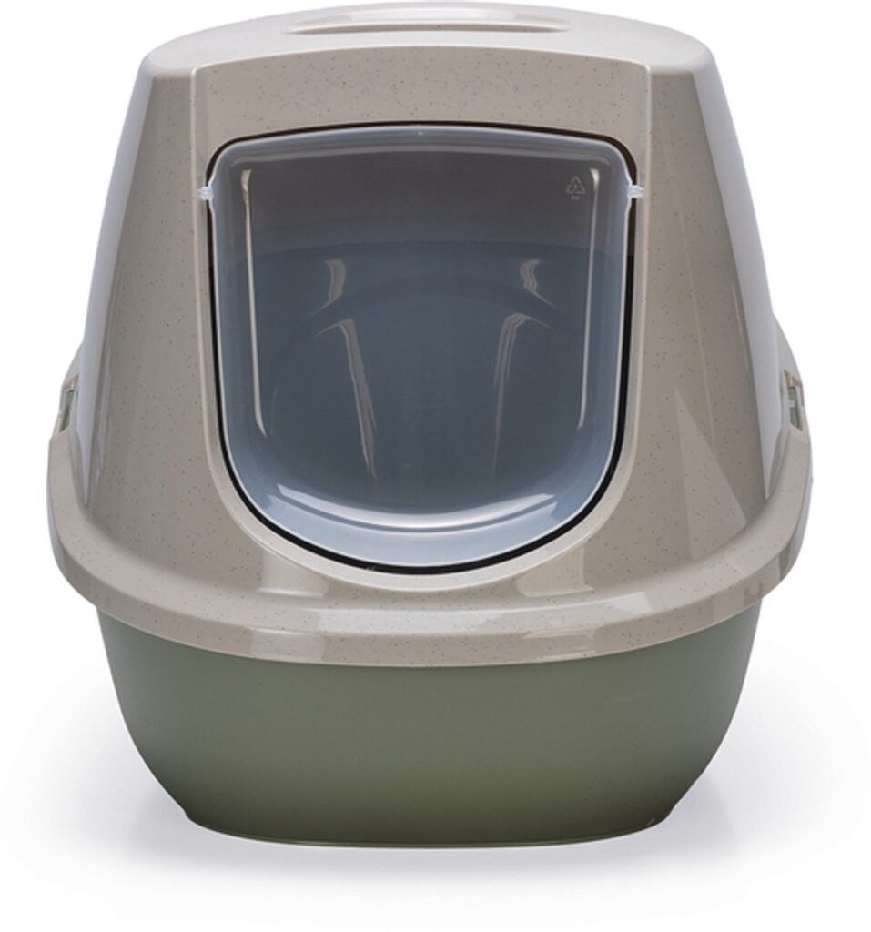 Gesloten kattenbak met doorzichtige deur.