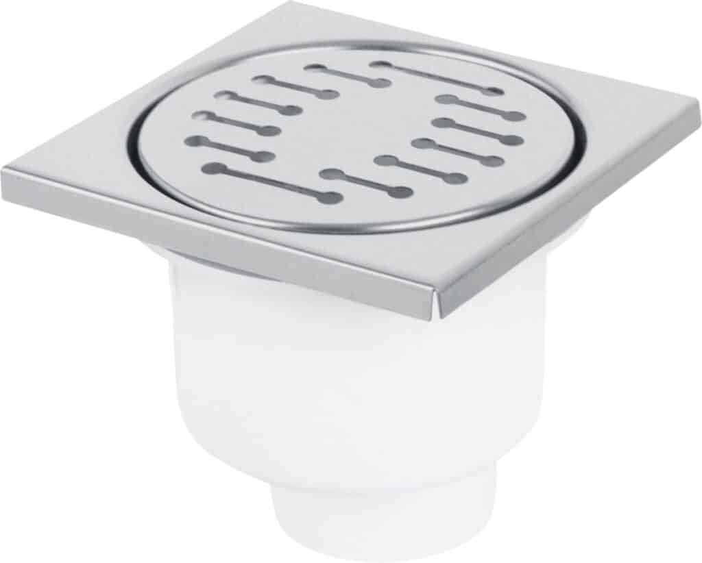 Vierkante metalen doucheput met plastic basis.