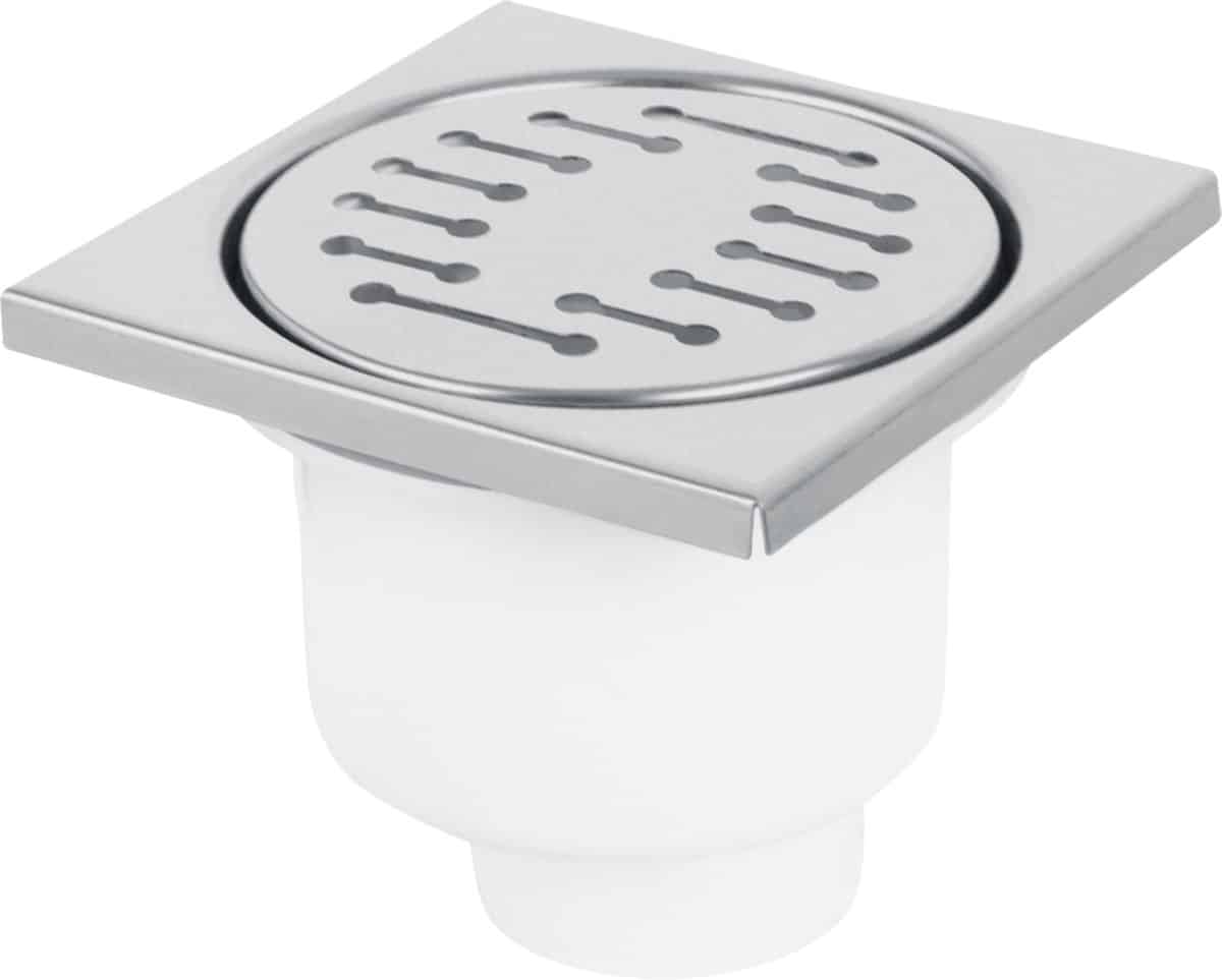 Vierkante metalen doucheput met plastic basis.