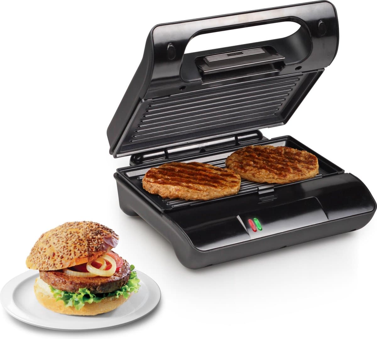 Grill met hamburgers en een broodje op een bord.