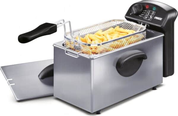 Roestvrijstalen friteuse met frietmand en handvat.