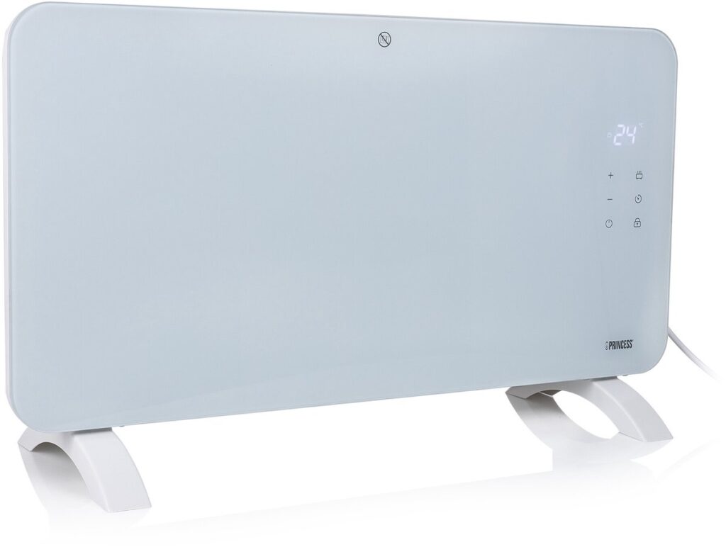 Witte elektrische verwarming met display en bedieningselementen.