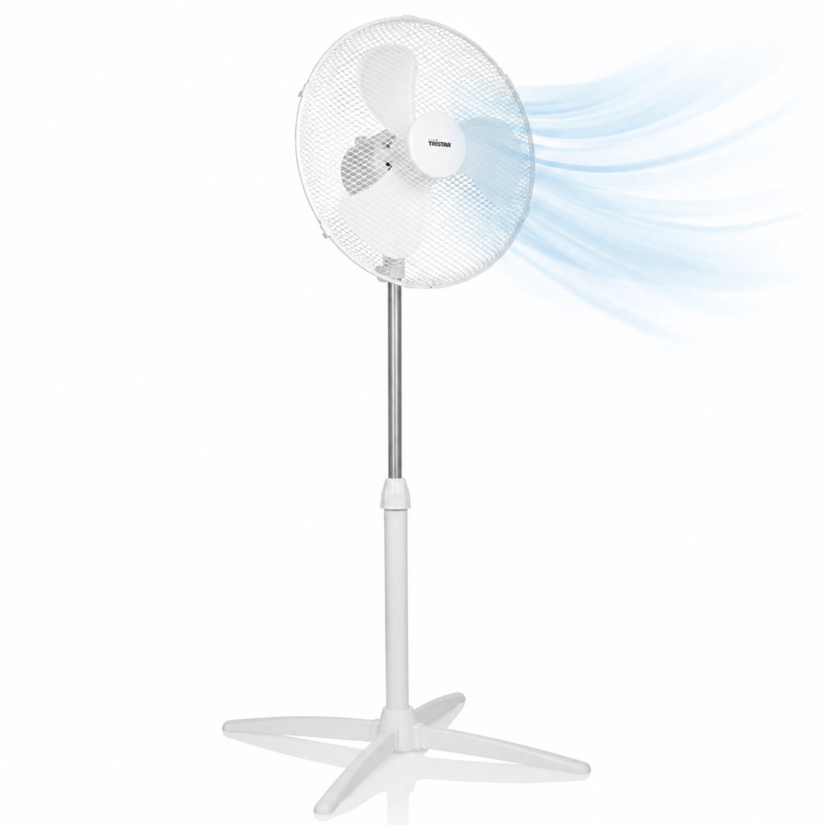 Witte staande ventilator met zichtbare luchtstroom