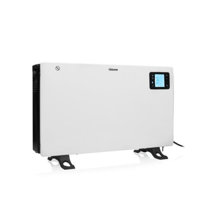 Elektrische kachel met digitaal display, vrijstaand op vloer.