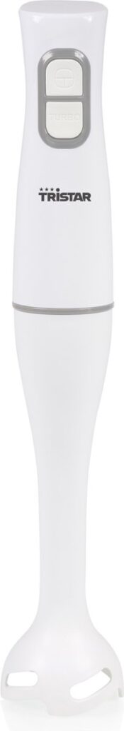 Witte staafmixer met knoppen en logo.