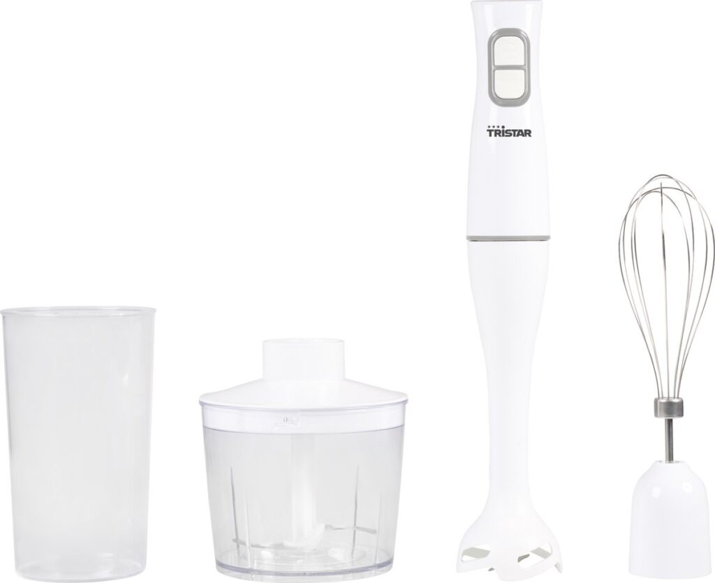 Witte staafmixer met accessoires, keukenapparaat
