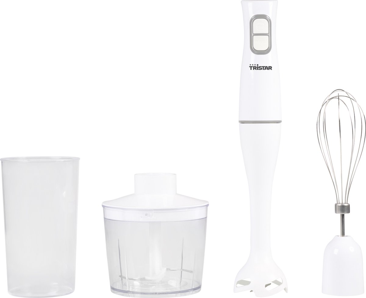 Witte staafmixer met accessoires, keukenapparaat