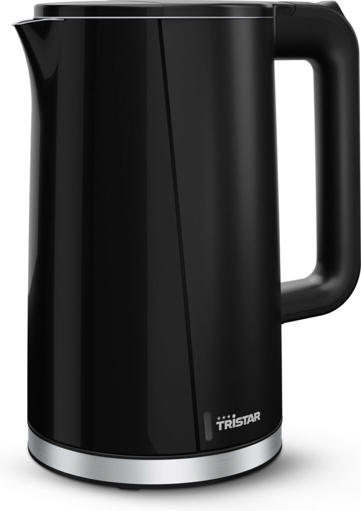 Zwarte elektrische waterkoker met handvat en schenktuit.