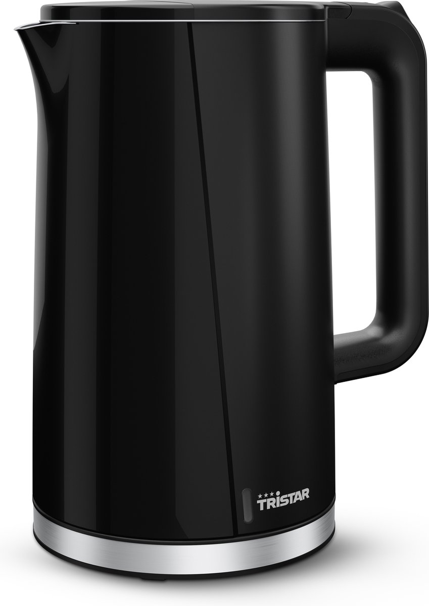 Zwarte elektrische waterkoker met handvat en schenktuit.