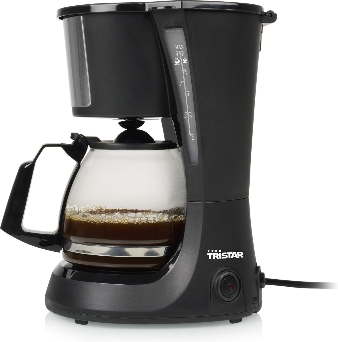 Zwarte koffiezetapparaat met glazen kan.