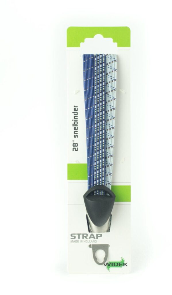 Blauwe snelbinder op kartonnen verpakking met logo.