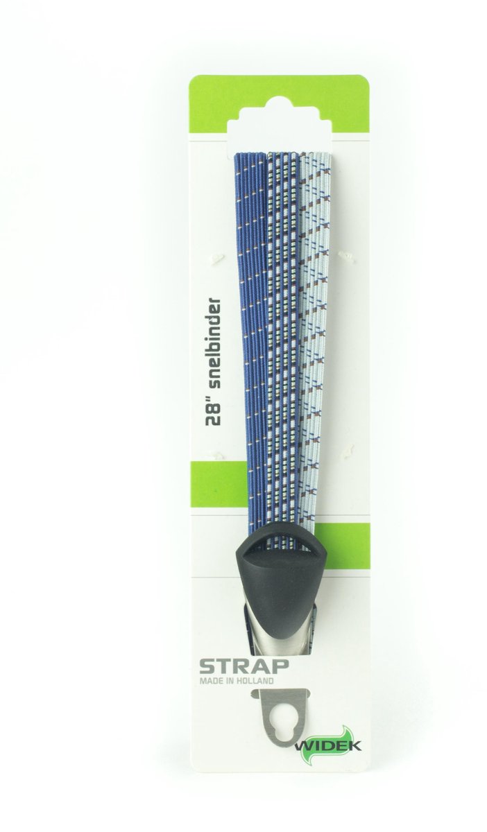 Blauwe snelbinder op kartonnen verpakking met logo.