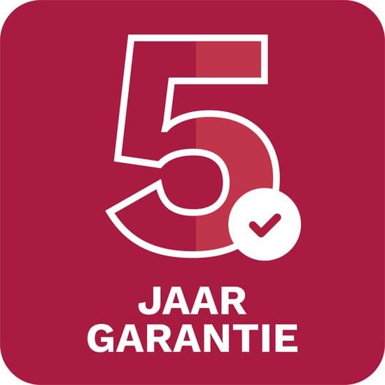 Vijf jaar garantie logo in rood.