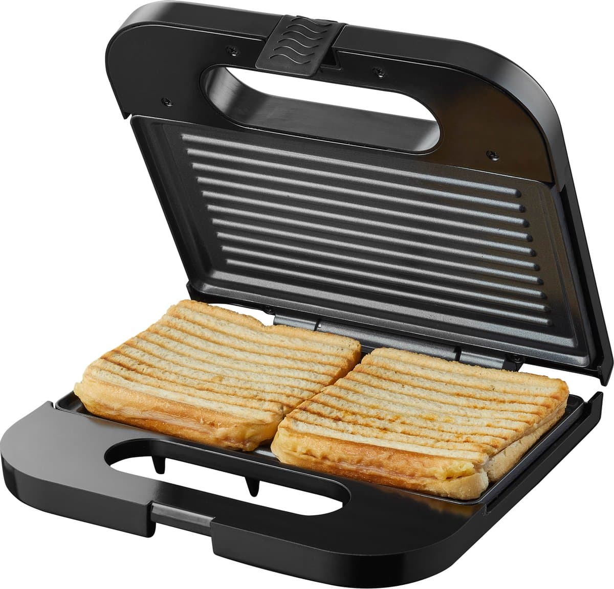 Tosti-ijzer met twee geroosterde broodjes.