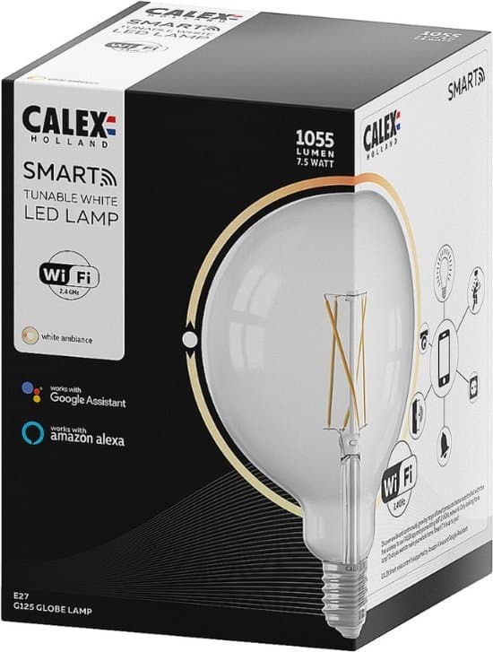 calex slimme lamp wifi led filament verlichting globe 12,5cm e27 snmart lichtbron helder dimbaar warm wit licht 7,5w