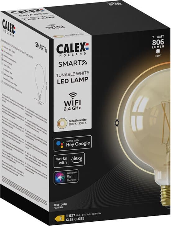 calex slimme lamp wifi led filament verlichting globe 12,5cm e27 smart lichtbron goud dimbaar warm wit licht 7w
