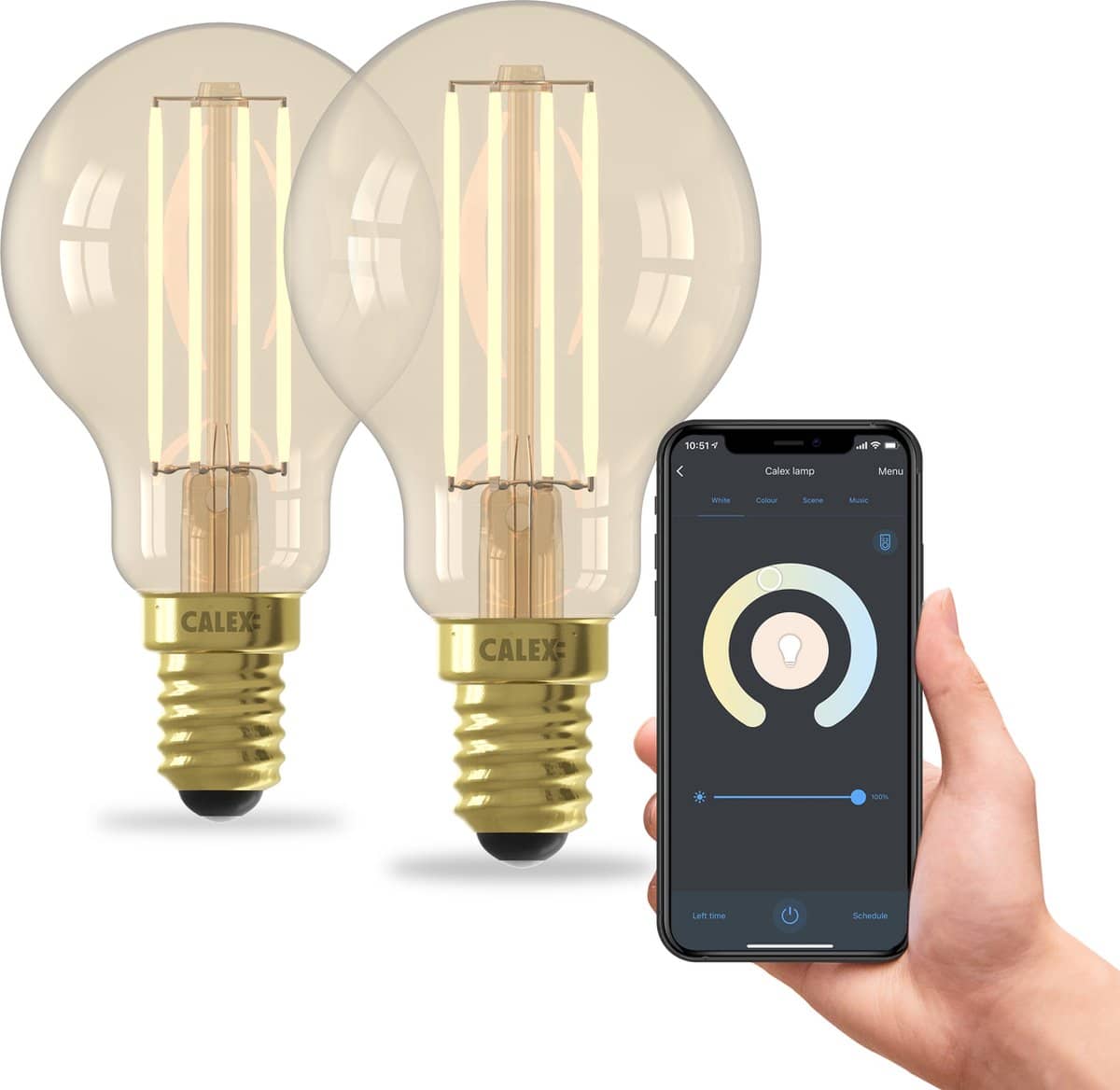 Twee slimme lampen en app-bediening op smartphone.