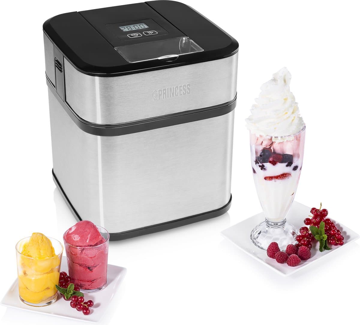 IJsmachine met desserts en vers fruit.