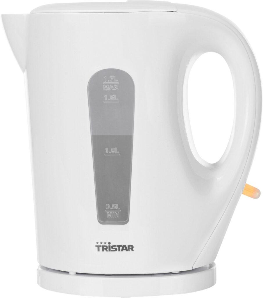 Witte waterkoker met zichtbare maatmarkeringen.