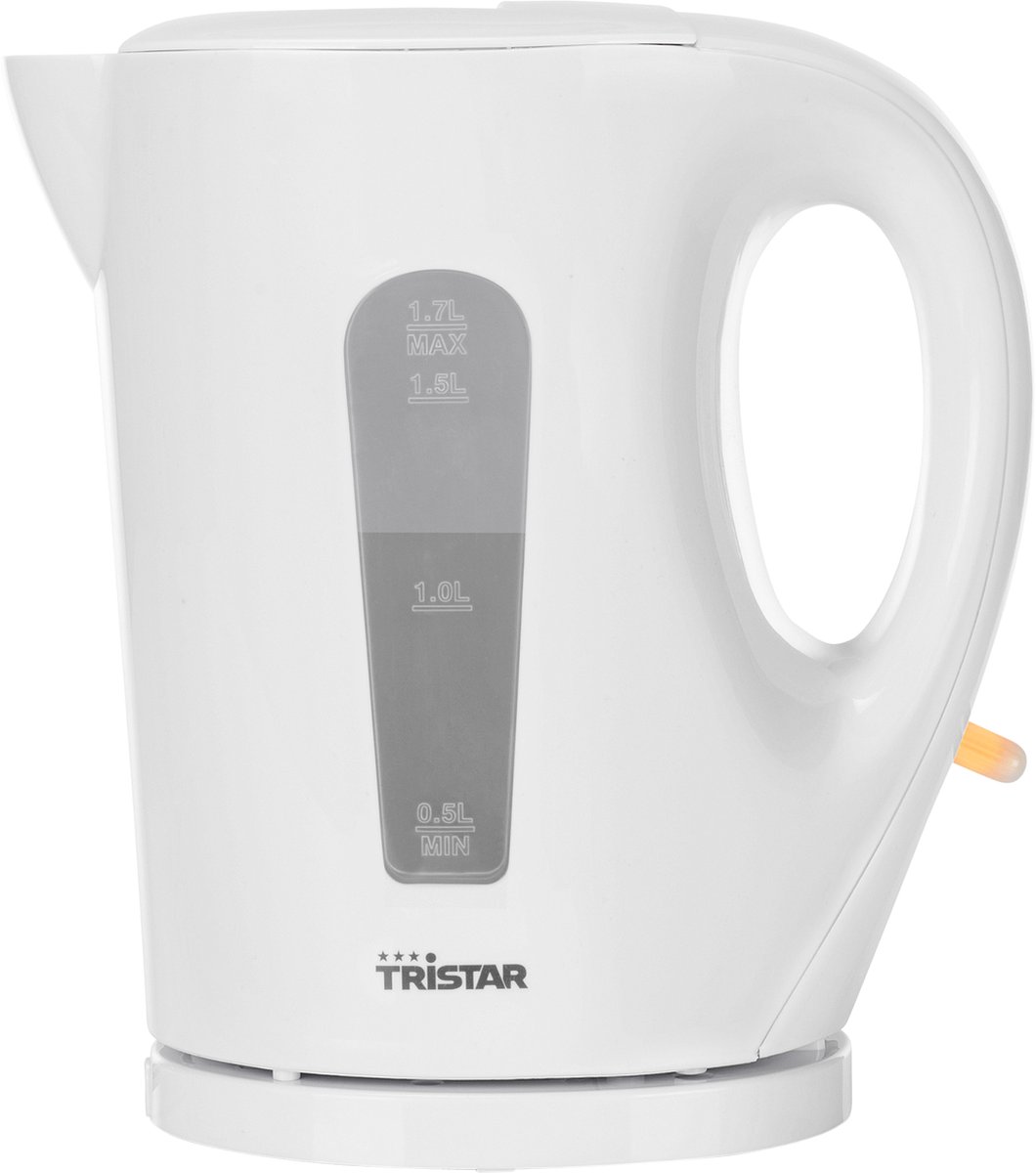 Witte waterkoker met zichtbare maatmarkeringen.