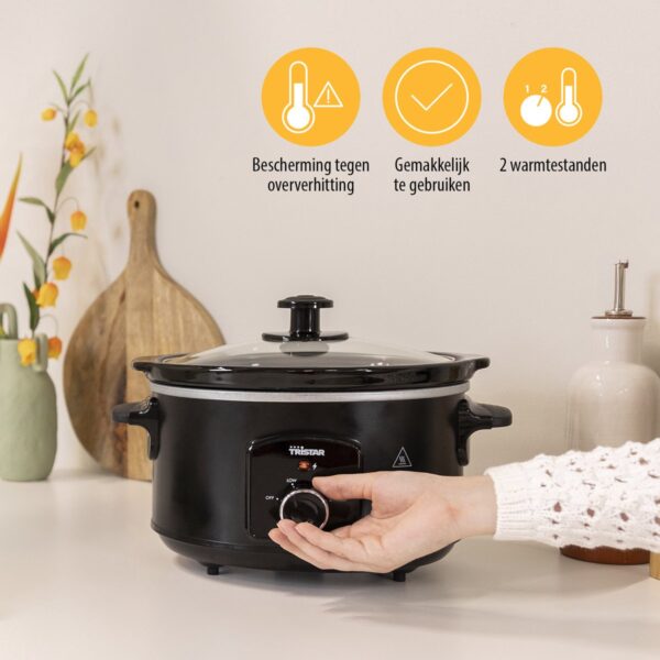 Slowcooker met draaiknop, twee standen, oververhittingsbeveiliging.