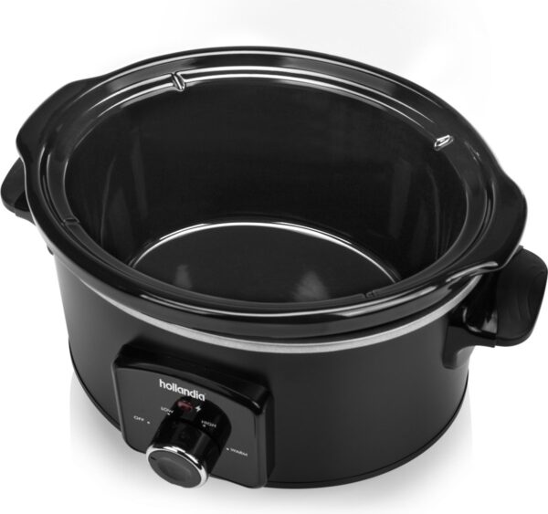 Zwarte slowcooker met bedieningsknop voor lage en hoge instellingen.