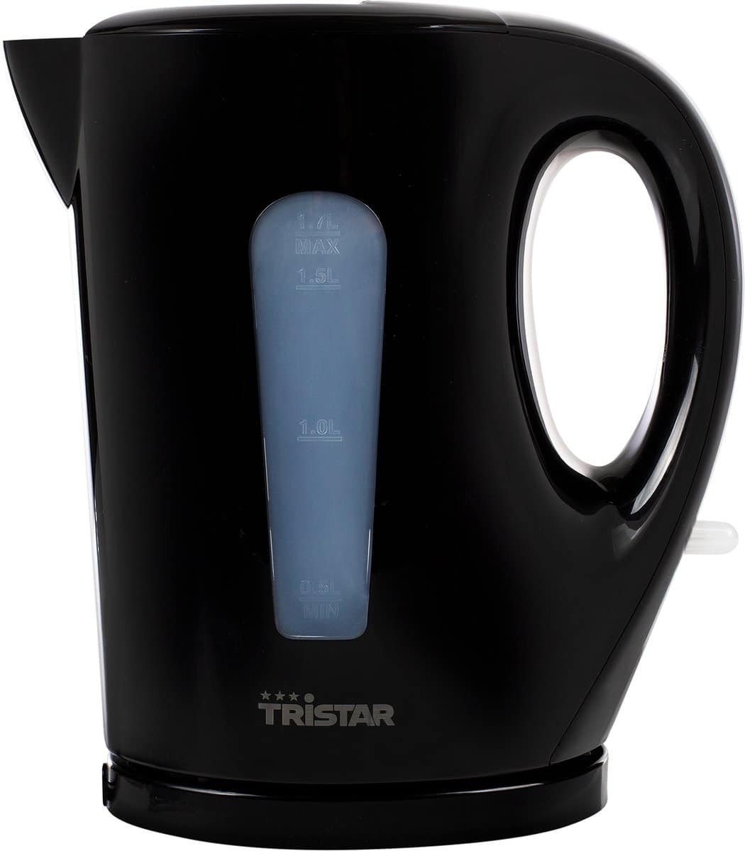 Zwarte waterkoker met venster en Tristar logo.