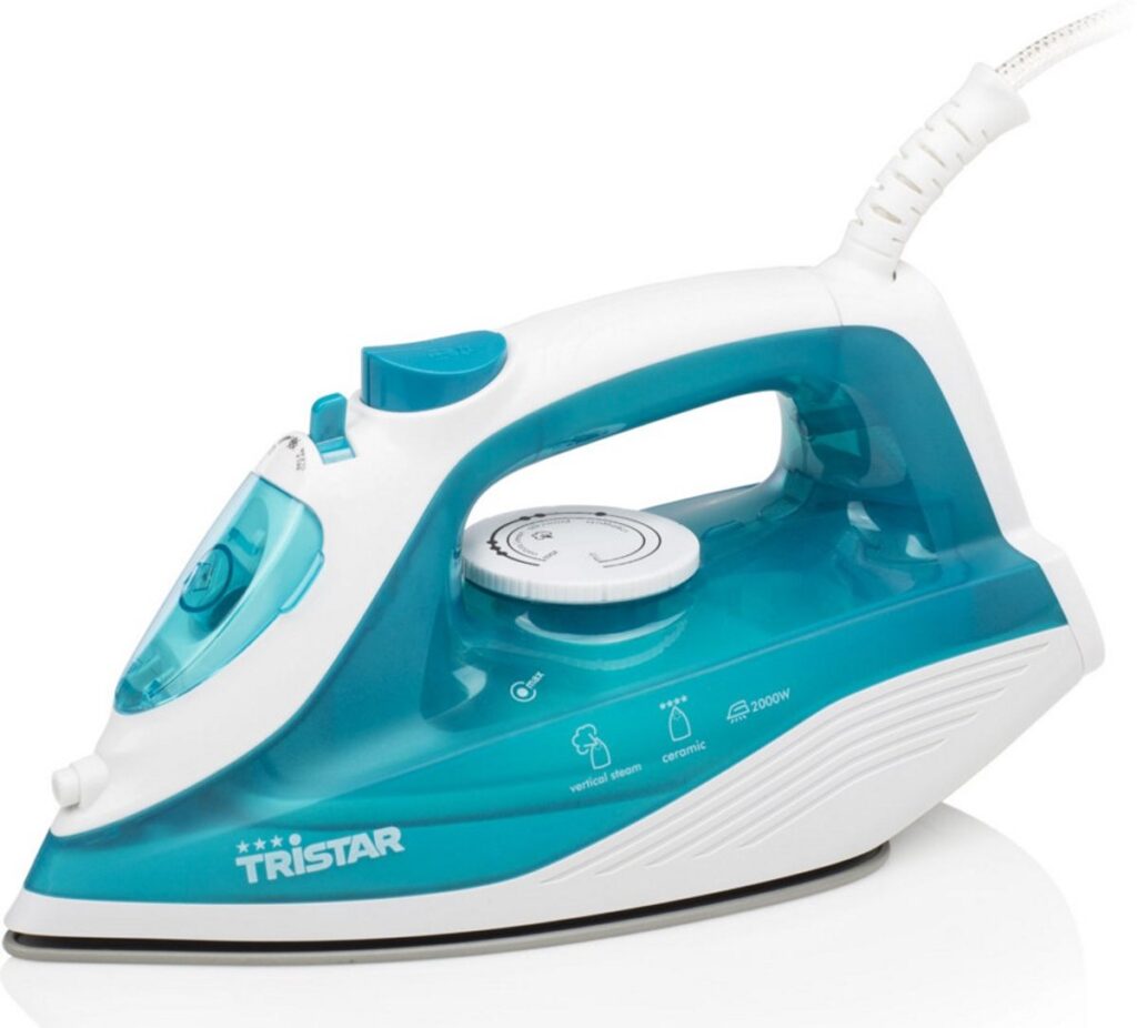 Blauw-wit stoomstrijkijzer met temperatuurknop