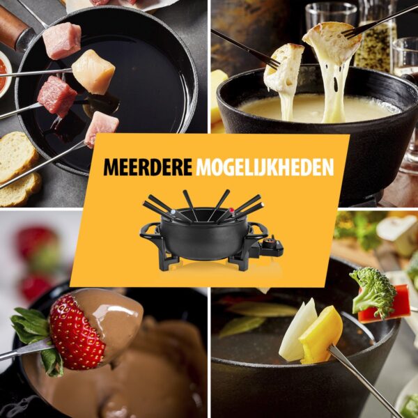 Fondue met kaas, vlees, chocolade en groenten.