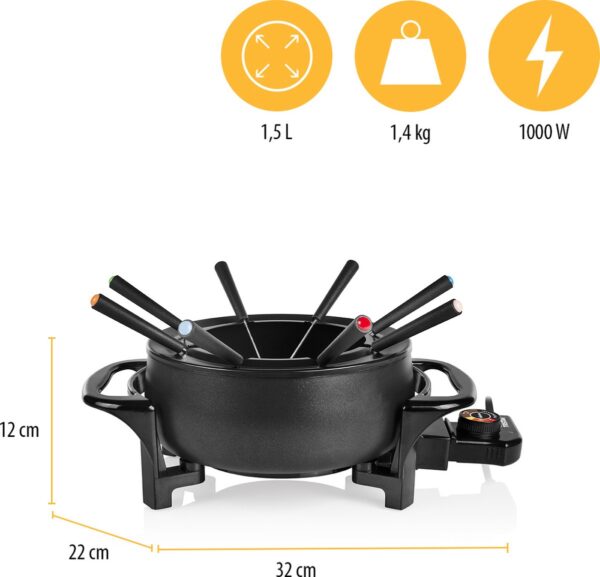 Elektrische fonduepan, 1,5 liter, 1000 watt vermogen.