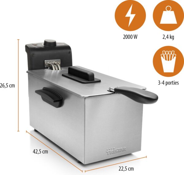 RVS friteuse met specificaties en afmetingen