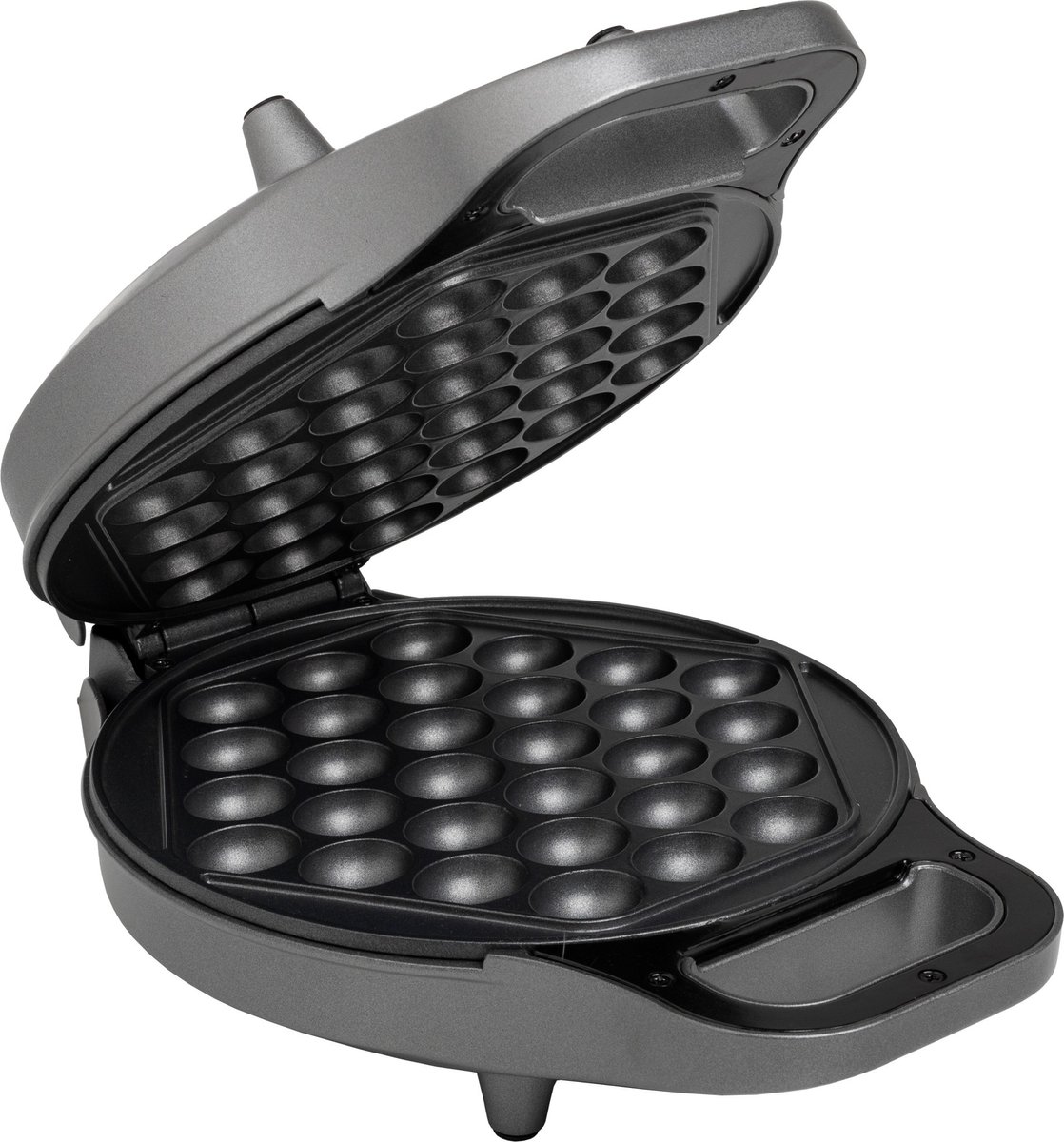 Elektrische poffertjesmaker met open deksel.