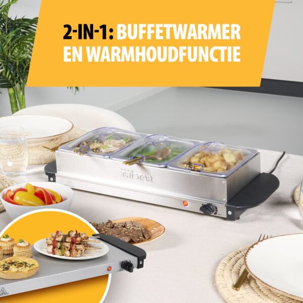 2-in-1 buffetwarmer met warmhoudfunctie.