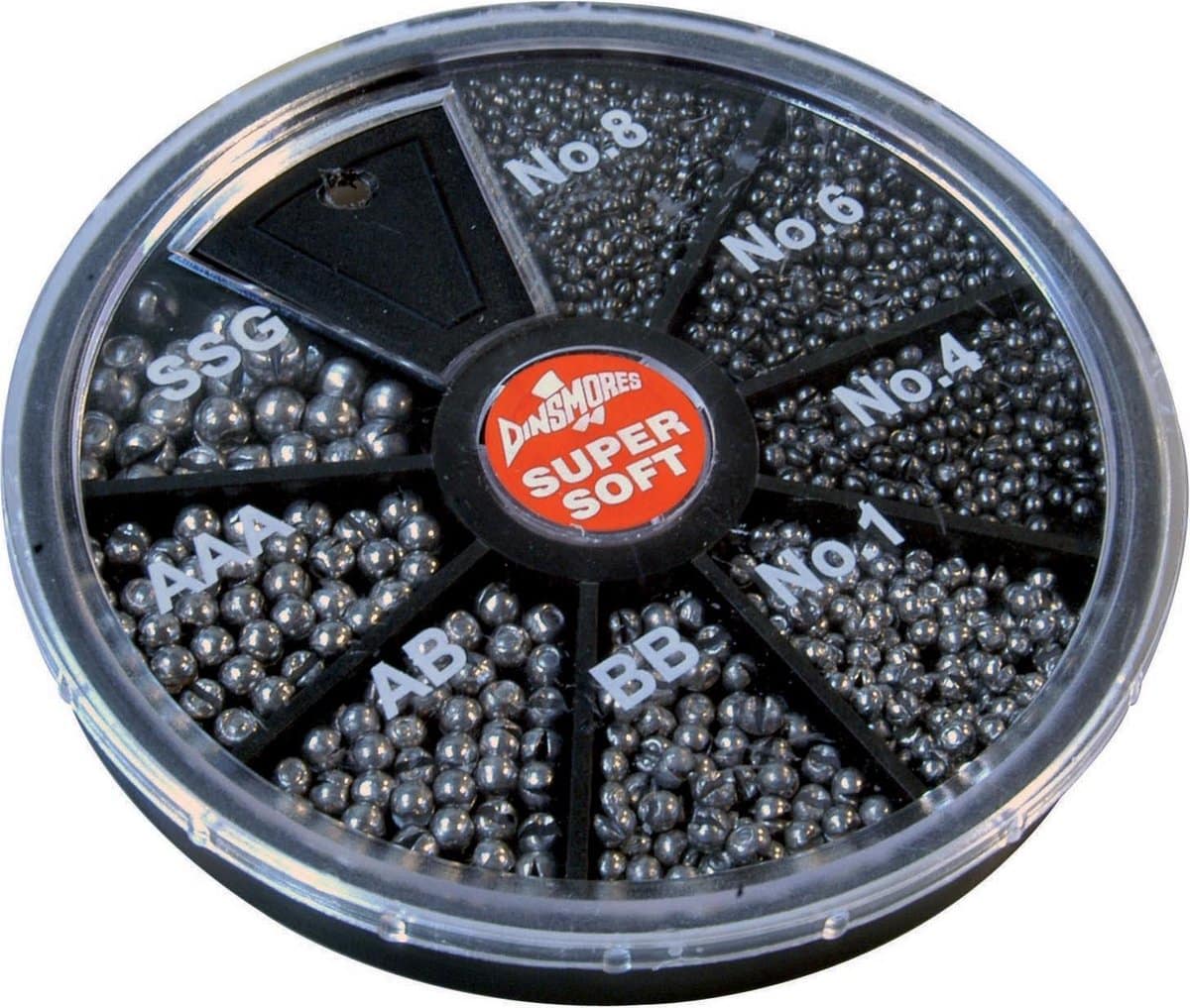 Ronde doos met meerdere maten visloodjes.